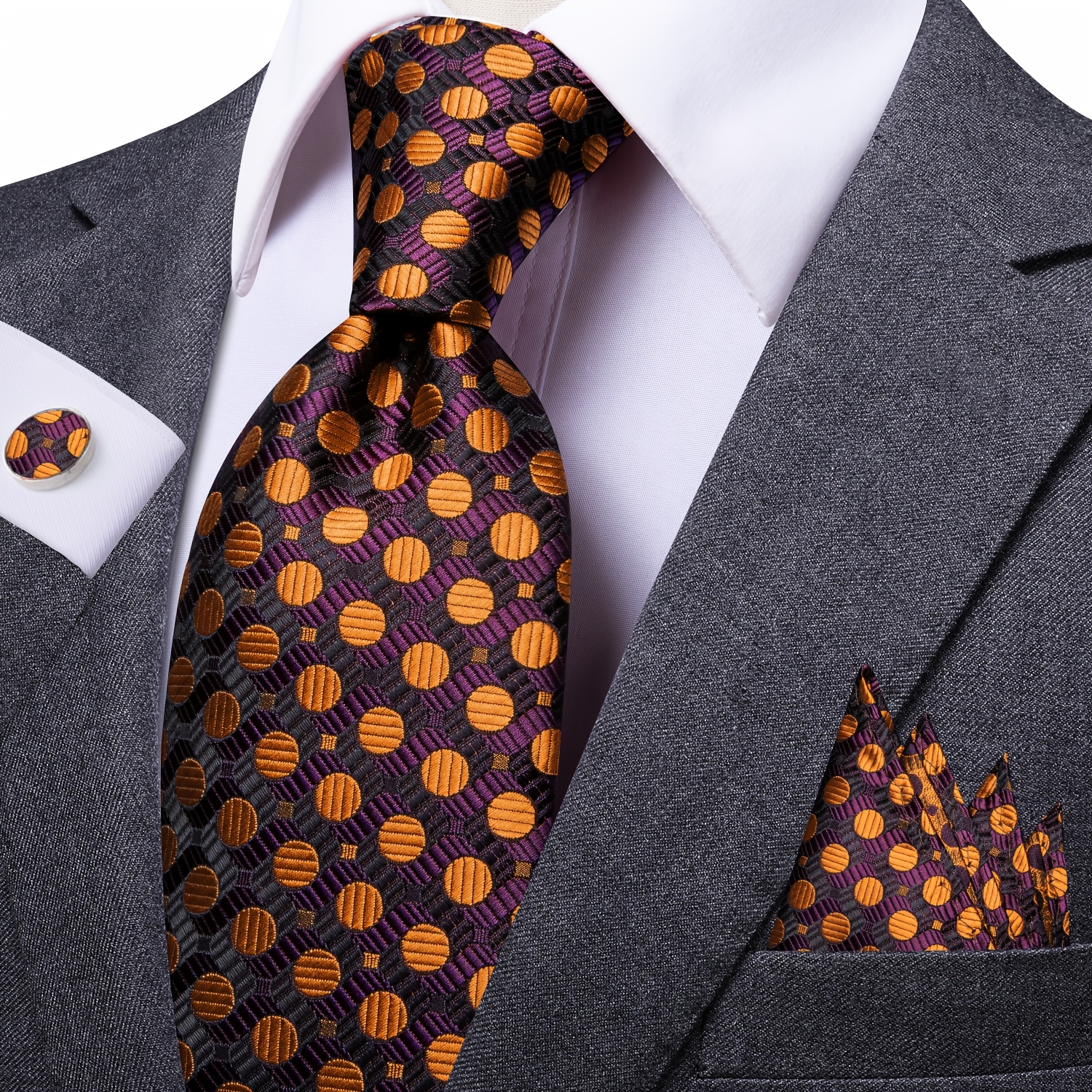 Image of Men's Stylish Tie With Golden Polka Dots And Matching Handkerchief Set, Perfect For Business Events And Weddings, Essential For Celebrations