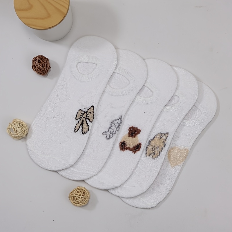 TEMU Pack de 5 pares de calcetines blancos invisibles de corte bajo para mujer, versátiles y con bonitos dibujos animados