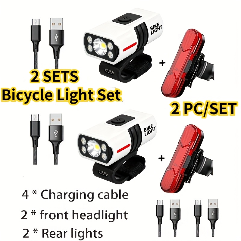 TEMU 2 Sets Of Portable Led Bike Lights: Usb Rechargeable Front Light With 6 + Rear Light With 4 , Safe And Portable Led Bike Lights, Tail Light,
