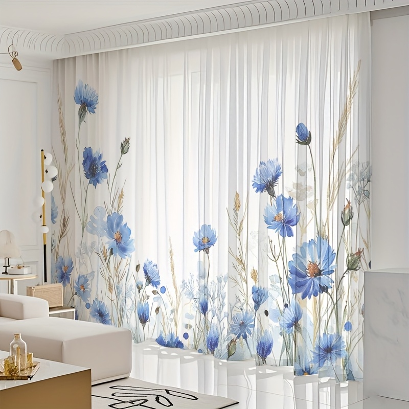 TEMU 2pcs Translucent Window Curtains, Fresh Floral Print Drapes, Pastoral Style Home Decor Sheer Curtains, Light-transmitting Gauze, Use, Machine