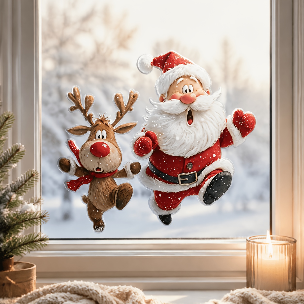 TEMU 1pc Fun Santa And Reindeer Window Cling, Cute Christmas Theme Glass Sticker, Static Removable Decal, Home Window Decoration Festive Atmosphere
