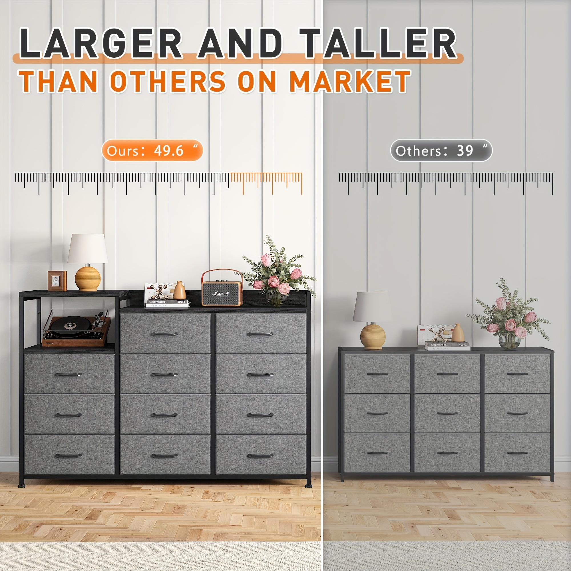 Dresser, Dresser for Bedroom with 11 Drawers, Long Dresser TV Stand with Shelves, Wide Dressers & Chests of Drawers, Large Dresser for Bedroom Dresser with Sturdy Metal Frame & Wood Top, Grey