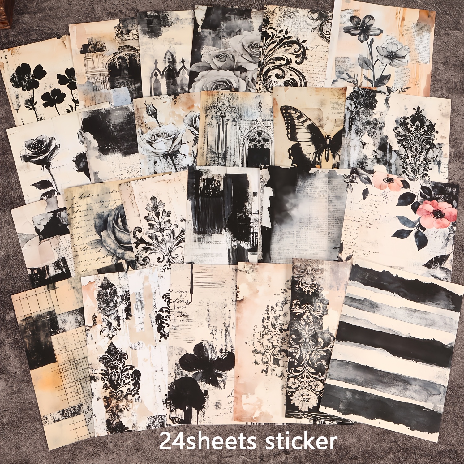 TEMU 24sheets Non-repeating Patterns Vintage Grunge Style Self-adhesive Aesthetic Background Sticker, , Arts Crafts Decals For Junk Journals,