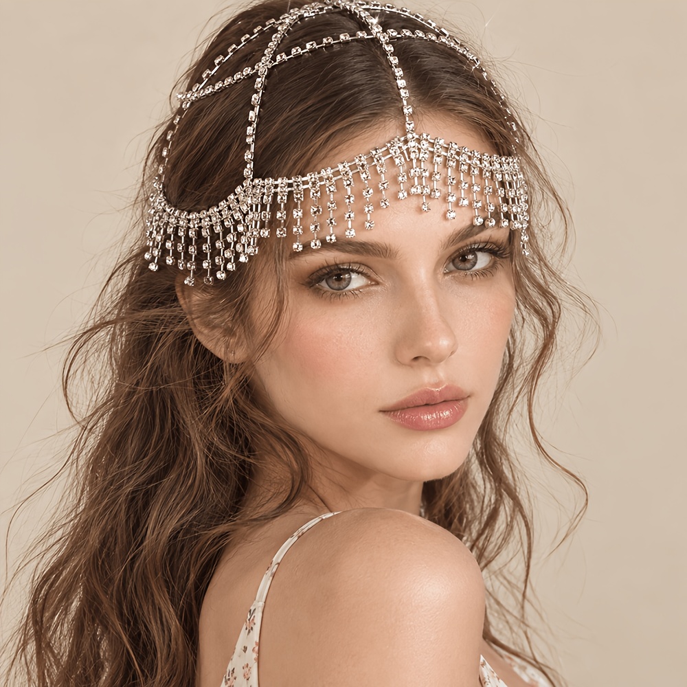 TEMU 1pc Women's Luxurious Vintage Rhinestone Mesh Tassel Headband, Bridal Wedding Banquet Stage Hollow Bag Headpiece