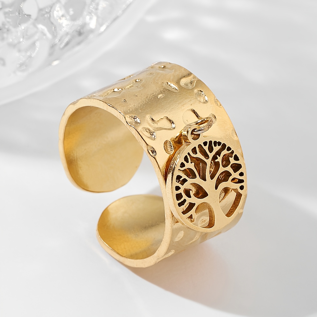 TEMU A Stainless Steel Golden-yellow Silvery Charm Ring, Fashionable Wide-band -pressed Ring With A Foil-like Pleated Texture, A Couple's Ring