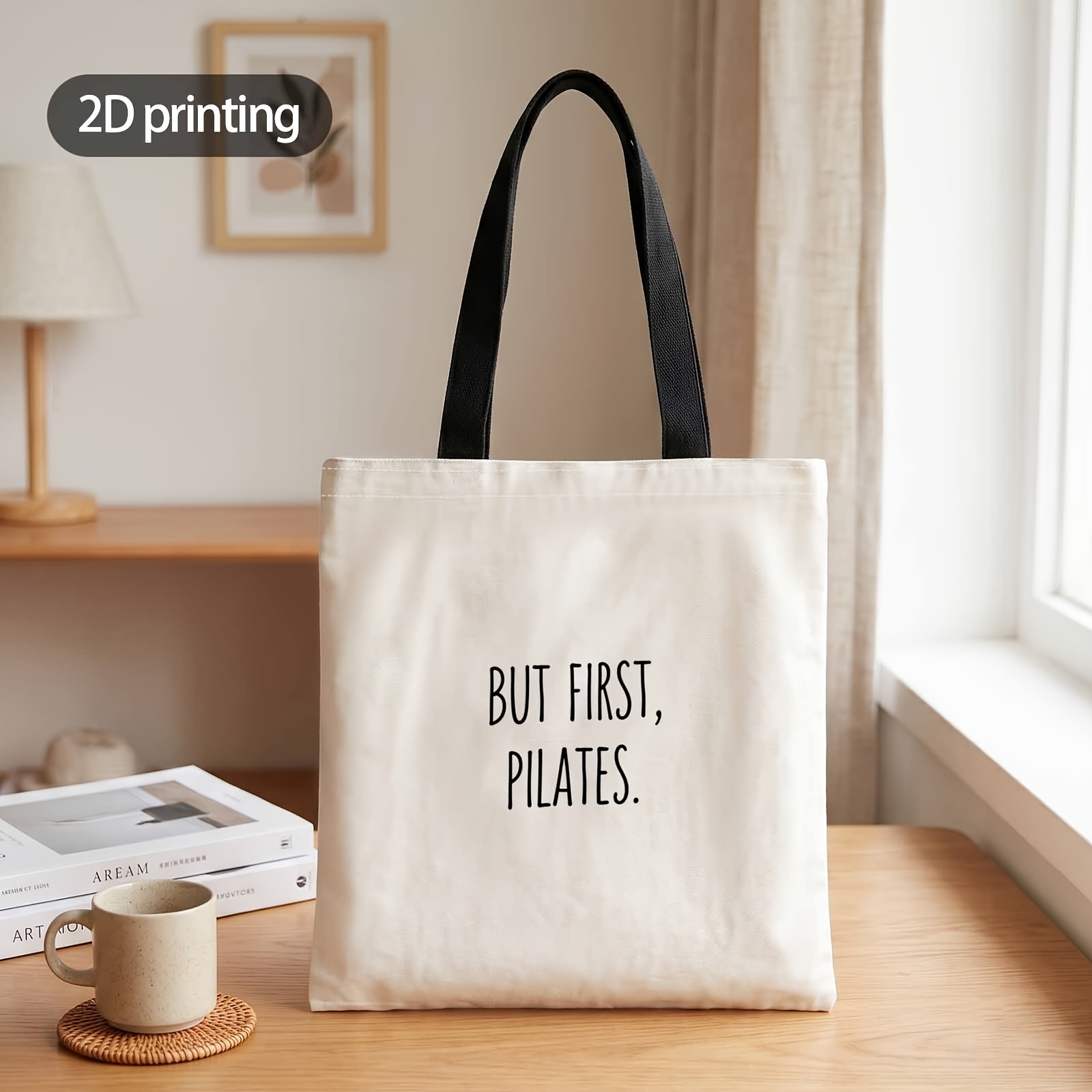 TEMU 1pc 2d Printed Handbag With , Pilates Pattern, Reusable Fashion Shoulder Bag Handbag Shopping Tote Bag Suitable For Shopping Office Vacation