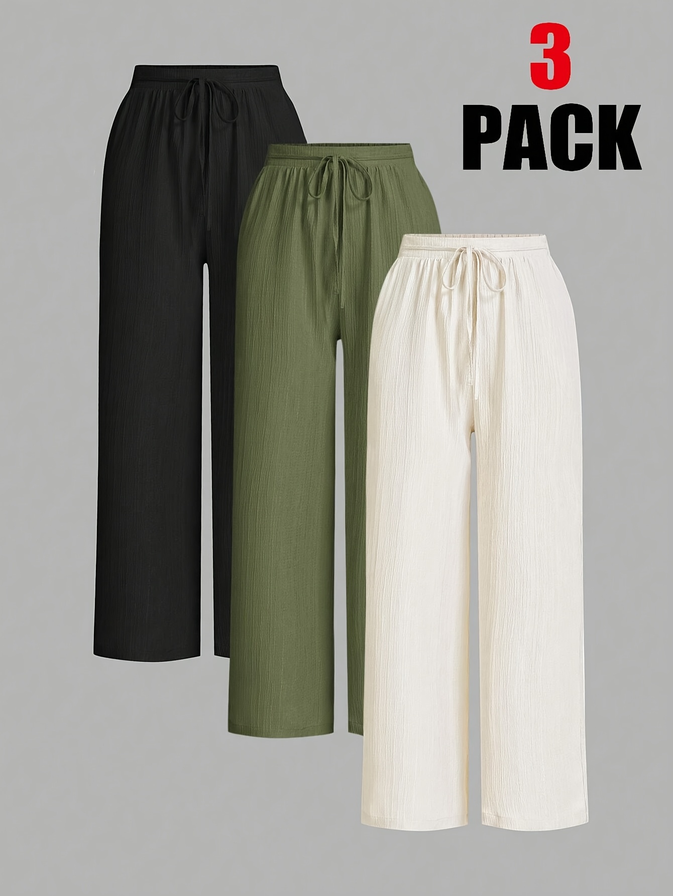 3-pack dambyxor i enfärgade, midjeknytning, vida ben och löst passform för vår,   och höst