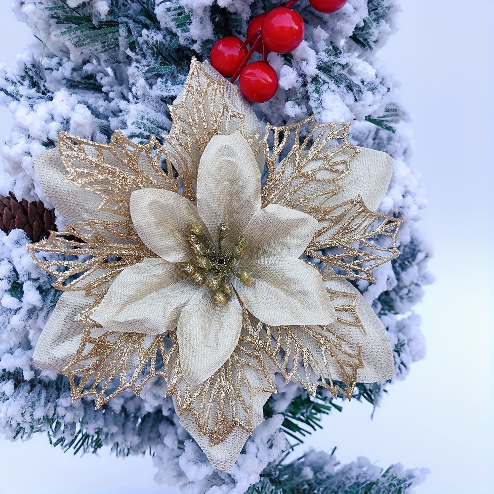 TEMU 6 piezas de flores navideñas artificiales multicolores de con huecos y , decoraciones navideñas de 15 cm, adornos festivos, árbol de Navidad,