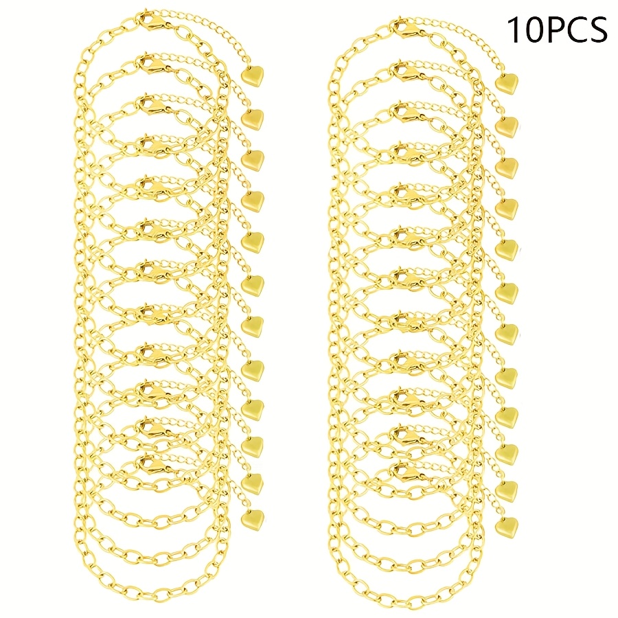 TEMU 10pcs Of Heart Pendant Chain Bracelet Bangle Set, Stainless Steel Adjustable Pendant Bracelet, With Lobster Clasp, Suitable For Jewelry Making