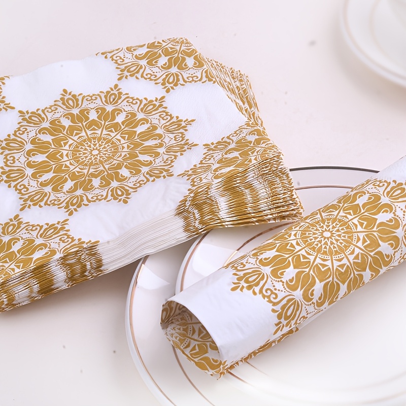 Image of 20pcs Golden Stamping Napkins Colored Placemat Paper Hotel Banquet Party Paper Square Wood Paper Towels Dinner Napkins Birthday Facial Tissue Disposable Paper Towels