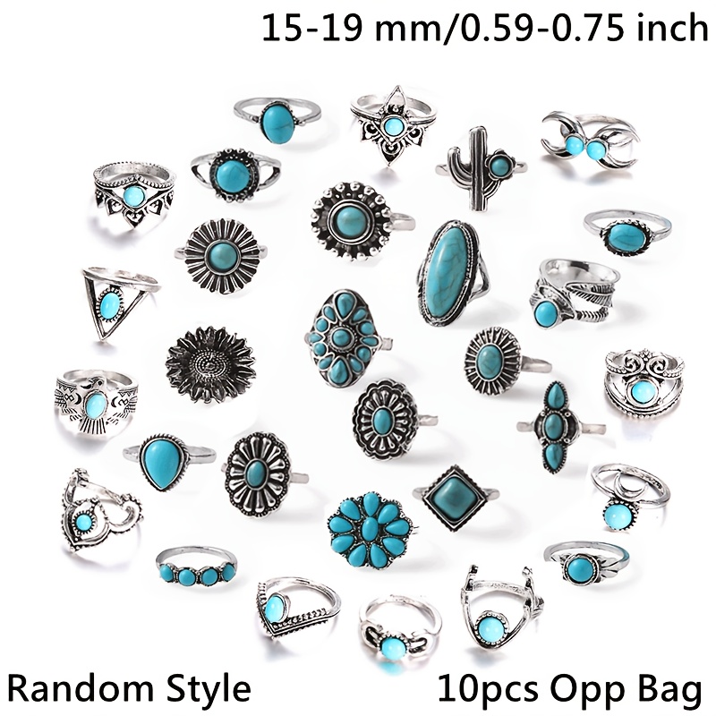 TEMU Wholesale 10pcs/pack Women's Fashion Stacked Ring Retro Bohemian Ring Women's And Men's Ring Drip Oil Silvery And Blue Alloy Heart Shaped Leaf