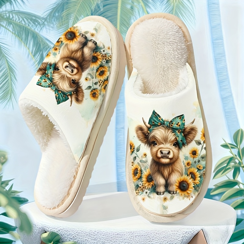 TEMU Sweet Highland Cow Sunflower Printed Plush Slippers With A Rustic Animal Floral Pattern, Featuring Printed For And Warmth, A Item For Animal And