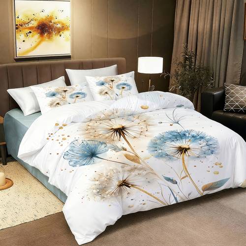 3pcs dandelion duvet cover set 1 duvet cover 2 pillowcases without core golden and blue dandelion pattern 3d printed bedding ultra soft comfortable breathable duvet cover with pillowcases