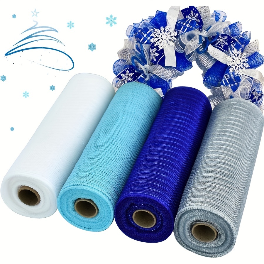 

4 Rolls Of 10 Inch Metallic Decorative Mesh Tape For Wreath Supplies Front Door Wreath Decorations Christmas New Year Blue Decorations The Of Home Holiday Party Decorations! (10 Yds/roll)