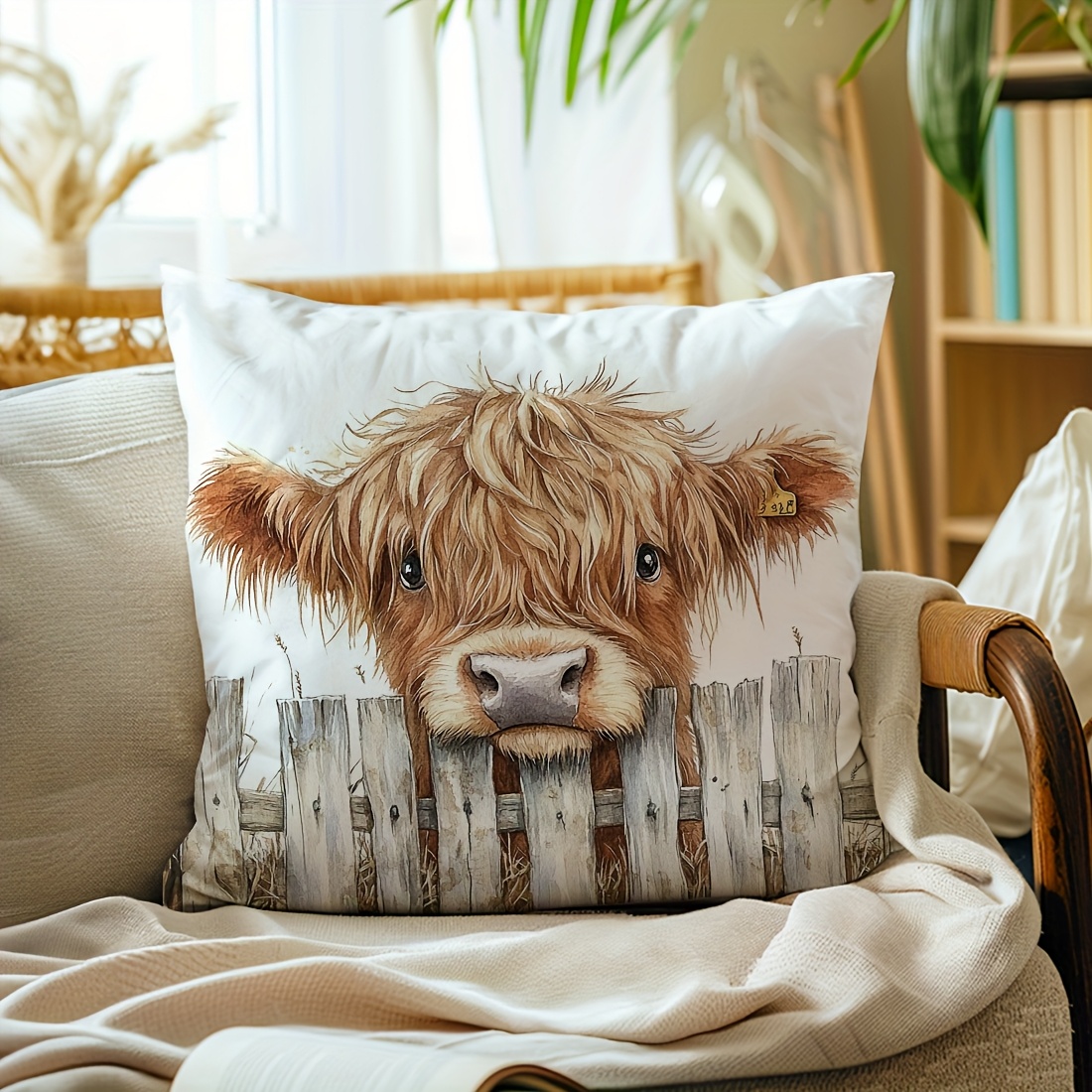 

1pc Rustic Farmhouse Highland Cow Throw Pillow Cover, 17.7x17.7in, Machine Washable Polyester Decorative With Zipper Closure For Living Room Sofa And Bedroom - Single-sided Print