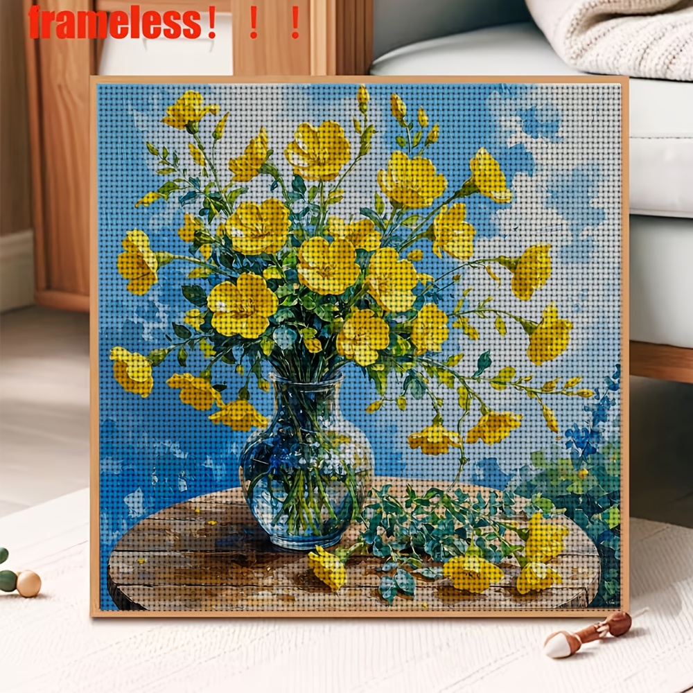 DIY Cross-Stitch Printed Kit, Frameless Yellow Flowers in Vase