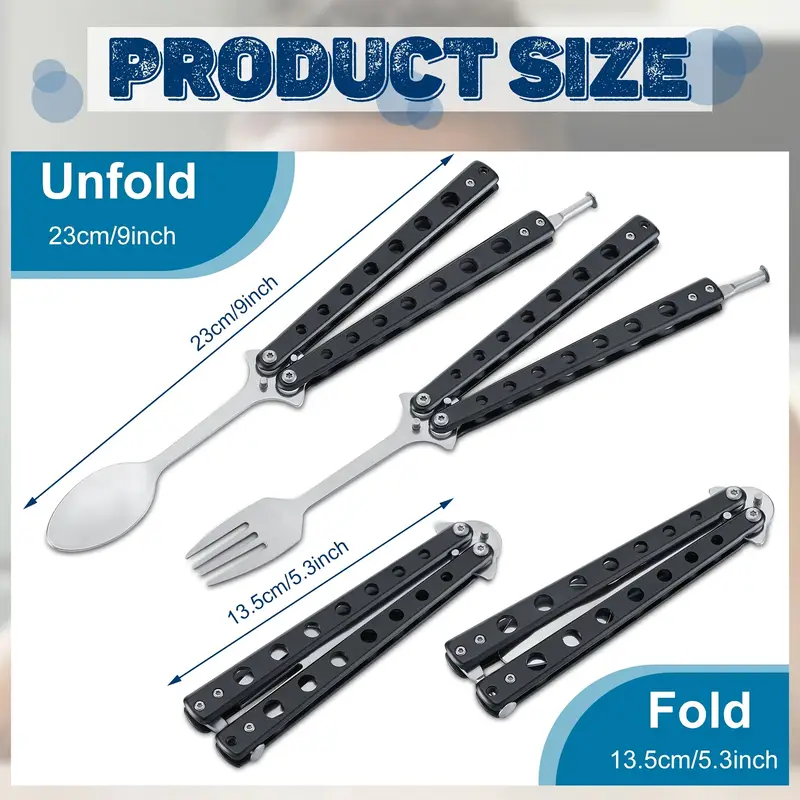 2pcs fork and spoon set stainless steel folding utensils with ergonomic handles compact travel for camping hunting durable portable black camping essentials sleek metallic metal Product details 5