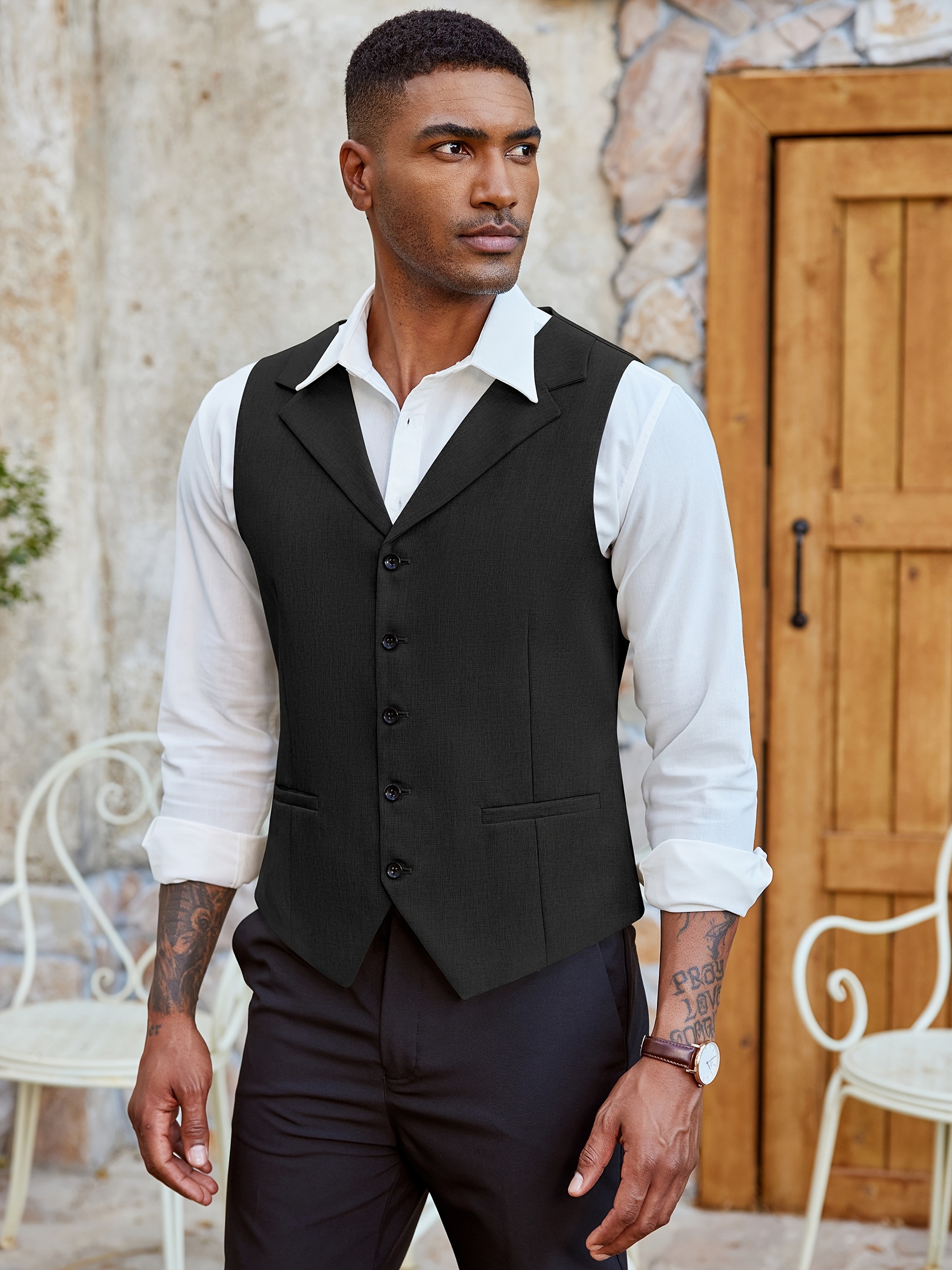 black dress vest for men Hisdern Men's Black Satin Suit Vest Formal Wear L main image 1