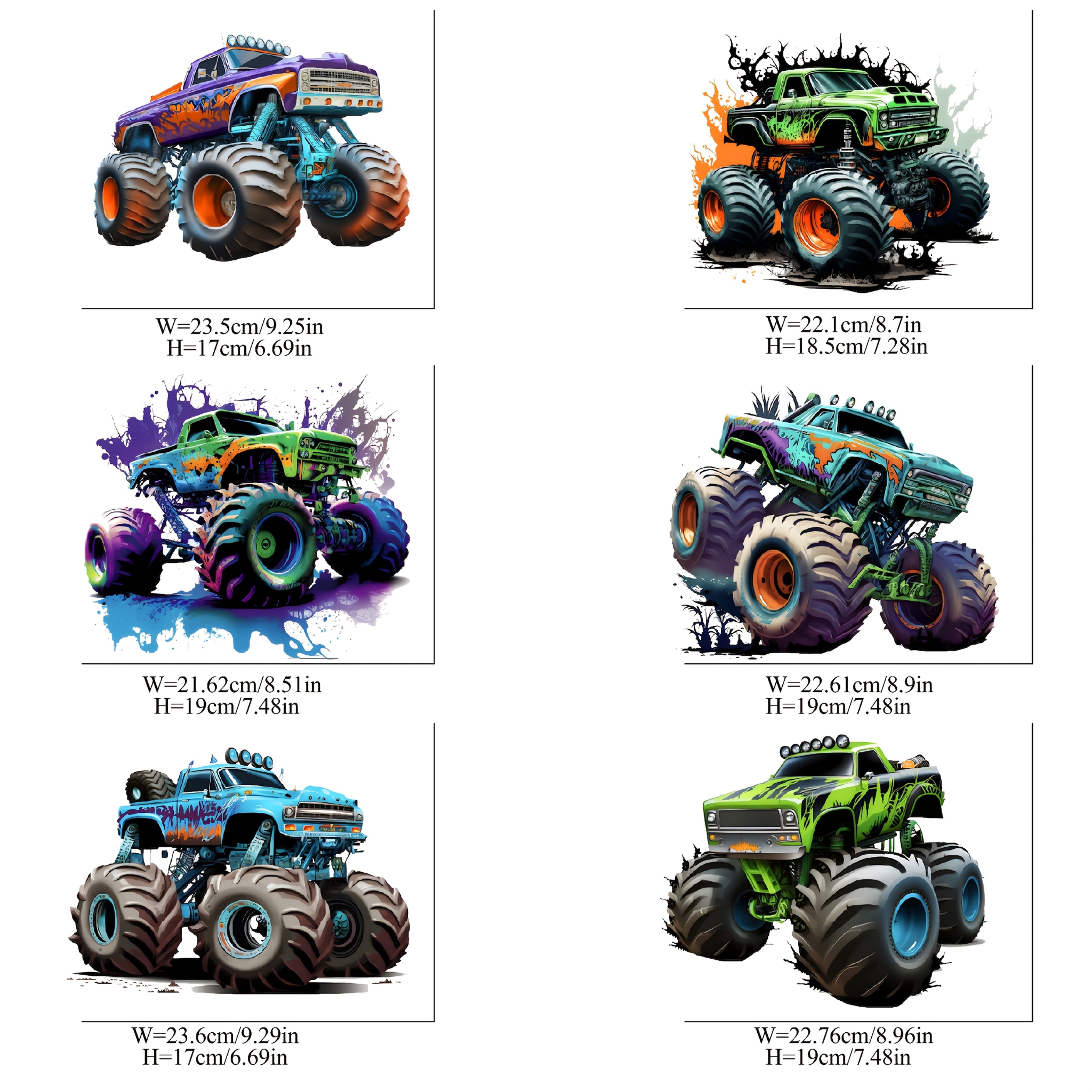 Image of 6pcs Vibrant Monster Truck Iron-on Transfer Stickers - Colorful, Artistic Heat Transfer Patches For T-shirts, Jeans, Backpacks - Durable Paper Material