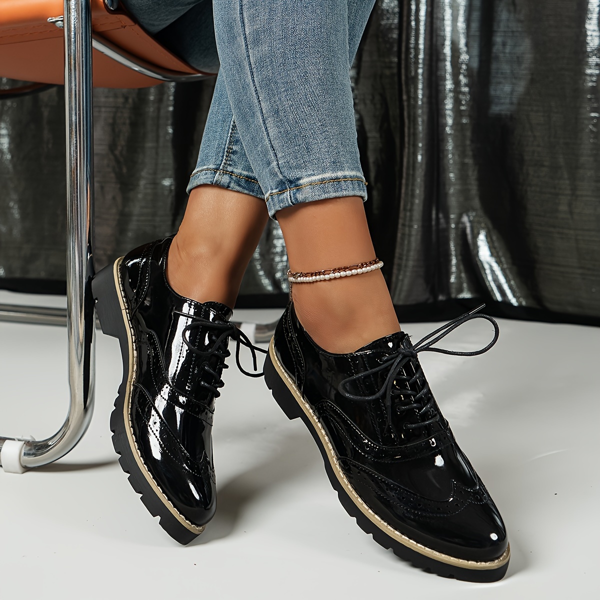 Image of Women's Fashion Carved British Style Patent Shoes, Women Shoes