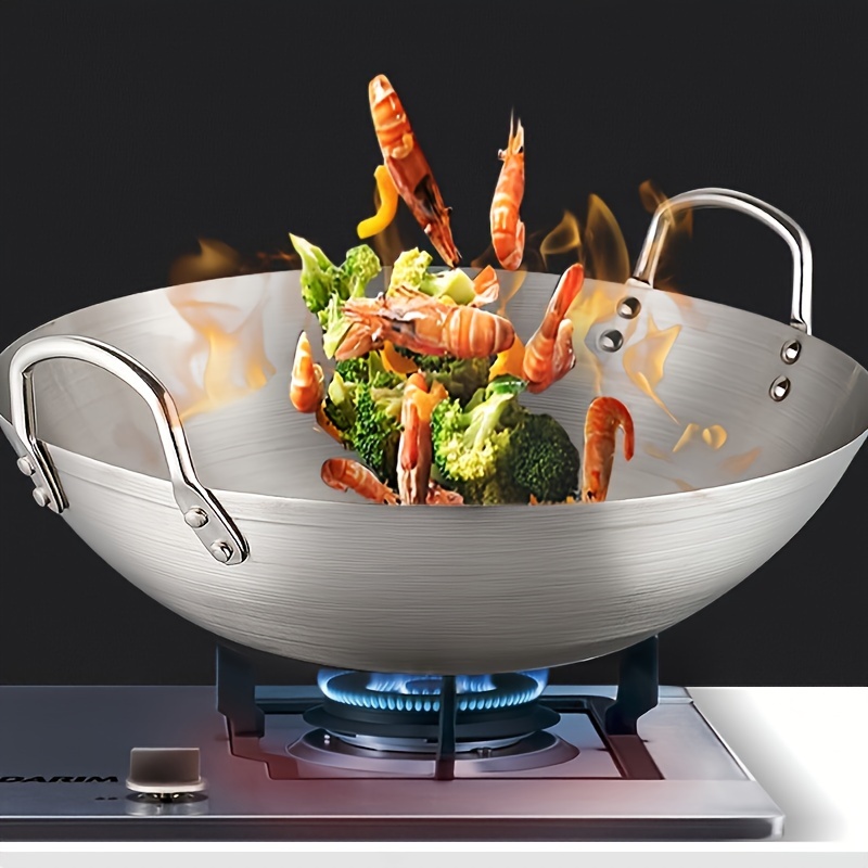 

1pc Large Stainless Steel Wok With Dual Handles, High-quality , Easy To Clean, With Uncharged For Commercial And , Kitchen And Farmhouse Use