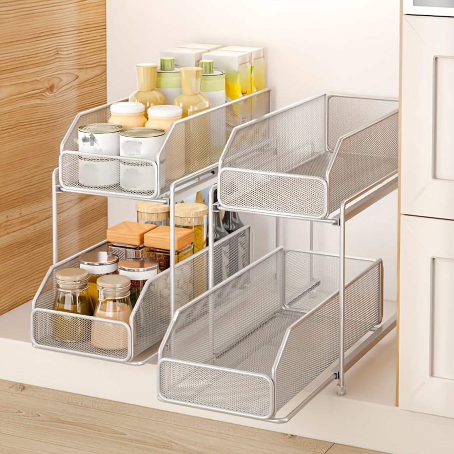 

A Set Of 2-tier Kitchen Storage Rack With Pull-out Shelves, Sink Drain Storage Rack, And Multi-functional Storage Rack For Cabinets, Living Room Cabinets, And Under-sink Storage. In Black/silvery.