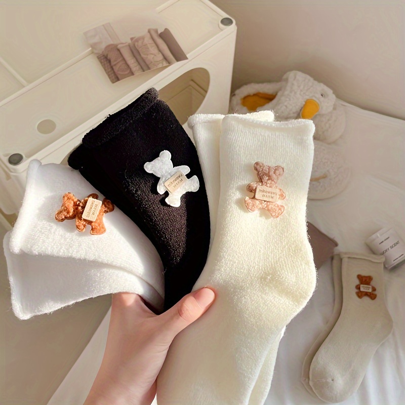 

5pcs Cozy Fleece-lined Bear Patched Crew Socks For Teens - Warm, Mid-calf Socks For , Fall/winter