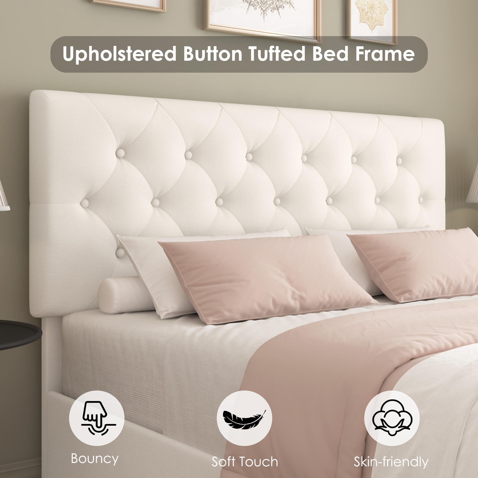 Modern Upholstered Bed Frame with 4 Storage Drawers, Platform Bed Frame with Button Tufted Headboard, Solid Wooden Slat Support