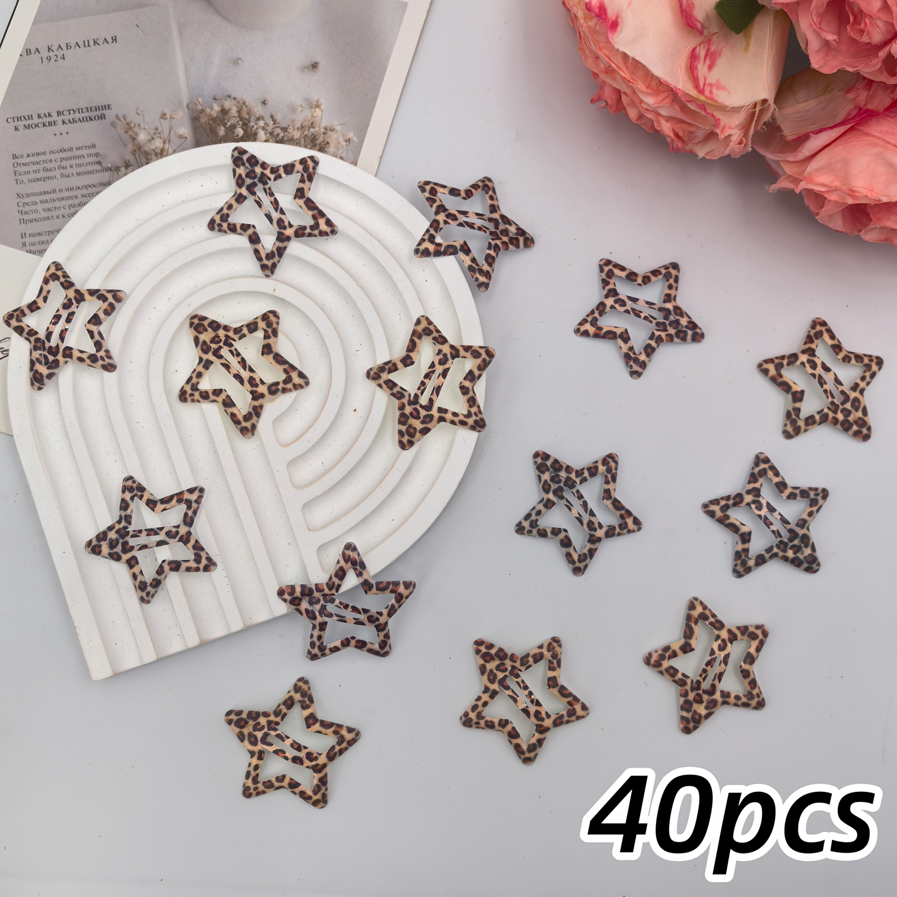E-shop Set mit 40 Haarspangen mit Leopardmuster und für Damen, mit Retro-Geometrie-Sterndesigns, stilvolle Haarverzierungen