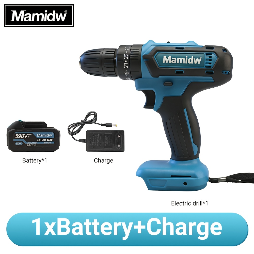 Image of Mamidw Cordless Electric Drill 10mm Electric Screwdriver 3 Functions Impact Drill For Makita 18v Battery, With Mamidw 18v Battery Charger