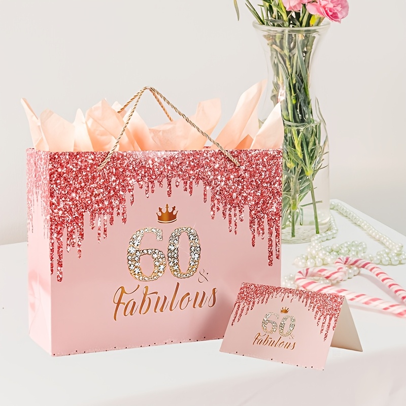 

Elegant 60th Birthday Celebration Kit - Rose Golden & Pink Glitter Design With "fabulous" & "60" , Includes Greeting Card & Tissue Paper Gift Bag, Ideal For Decor, Birthday Party Decorations