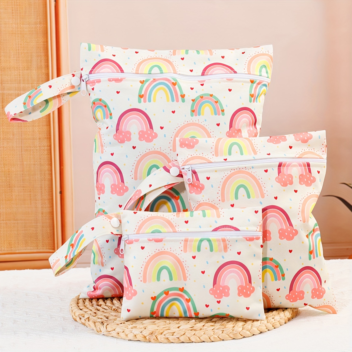 3pcs Rainbow And Moon Print Wet Dry Bag, Portable Cosmetic Bag, Diaper Bag