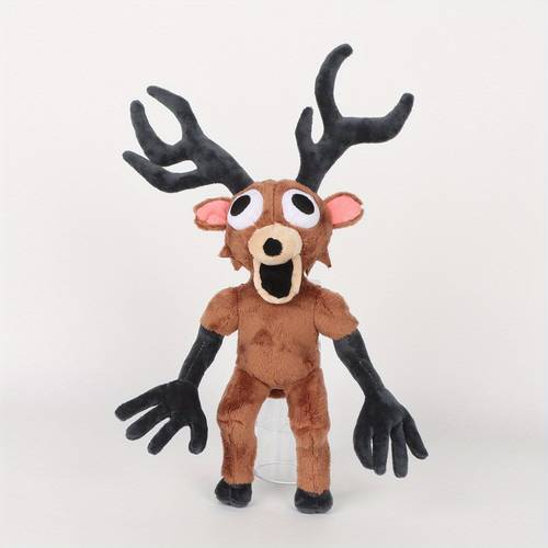 item picture horror 99 deer plush toy soft stuffed animal with glowing red eyes sharp teeth dark brown cute room decor perfect gift for friends or fans stuffed animal fan merchandise design durable stitching horror fans