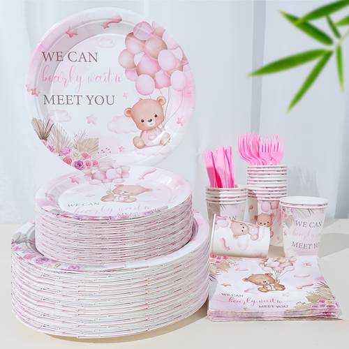 a set of 120 pink bear themed party supplies featuring a soft anticipating design with cute and balloons including disposable paper plates napkins cups forks