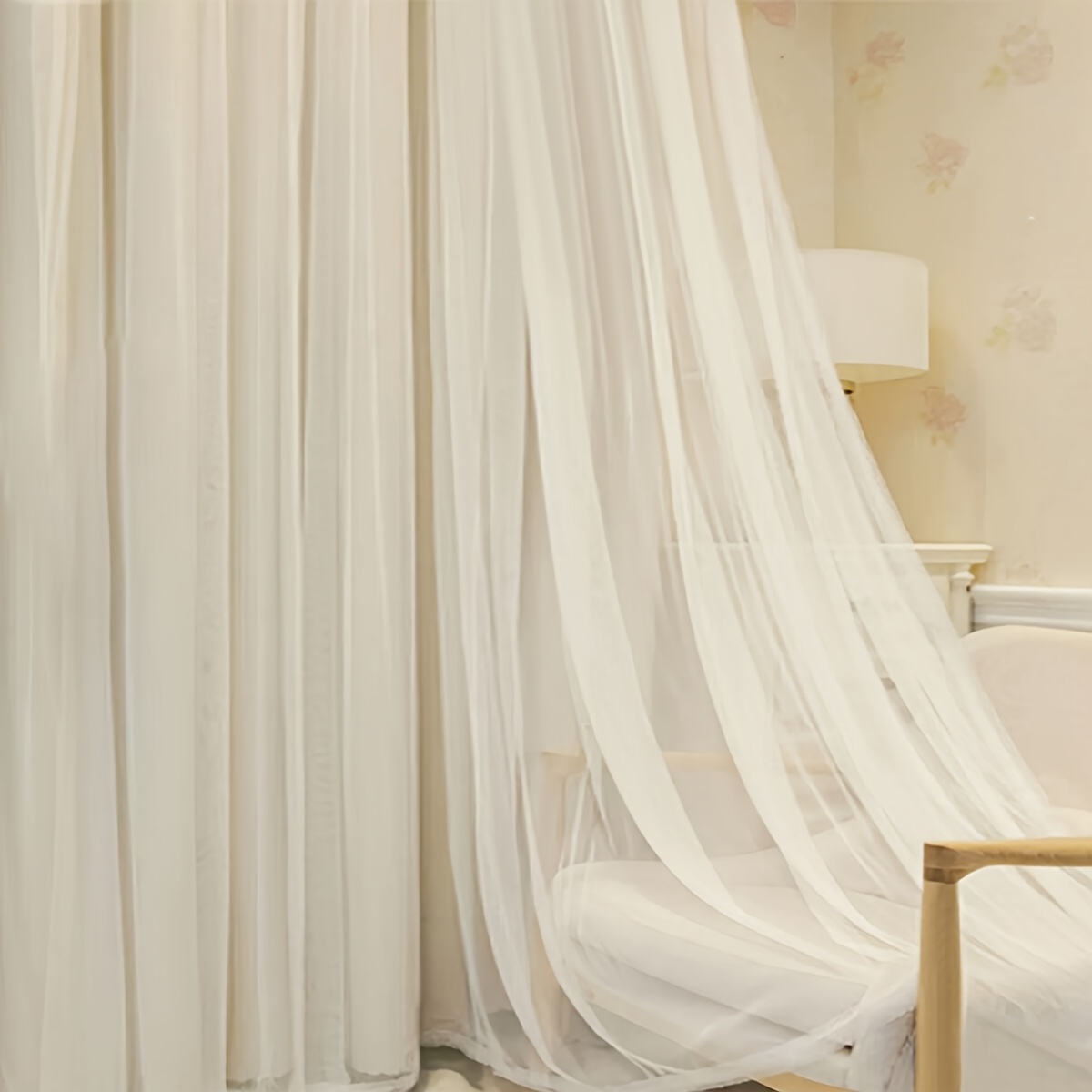 2pcs French Cream Beige Double-Layer Lace Curtains Suitable for Household, Rental Homes & Homestays - Light Blocking Floor-Length Window Drapes with Grommet Top, Sheer Panels for, Machine Washable for Bay Windows, Bedroom