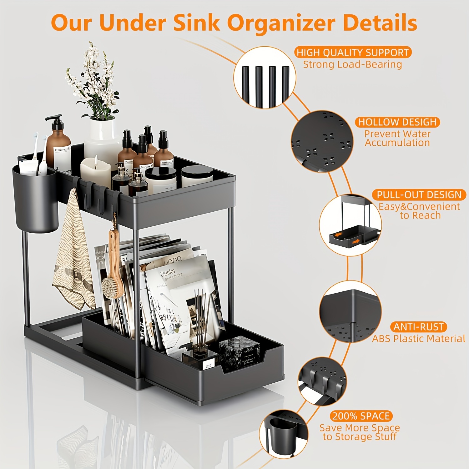 2 tier sliding under sink organizer with hooks versatile storage drawers for kitchen bathroom bedroom cabinets details 3