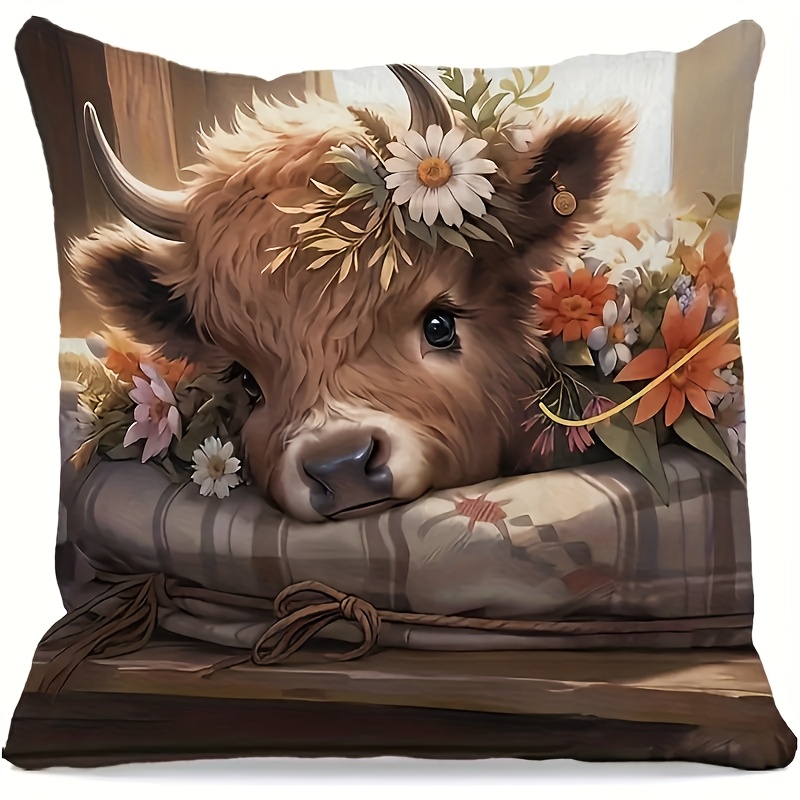 TEMU Housse de coussin 2D Plate - 1pc Vache Highland, Impression 2D Double Face, Housse de coussin Vache Florale Marguerite, Décoration Intérieure