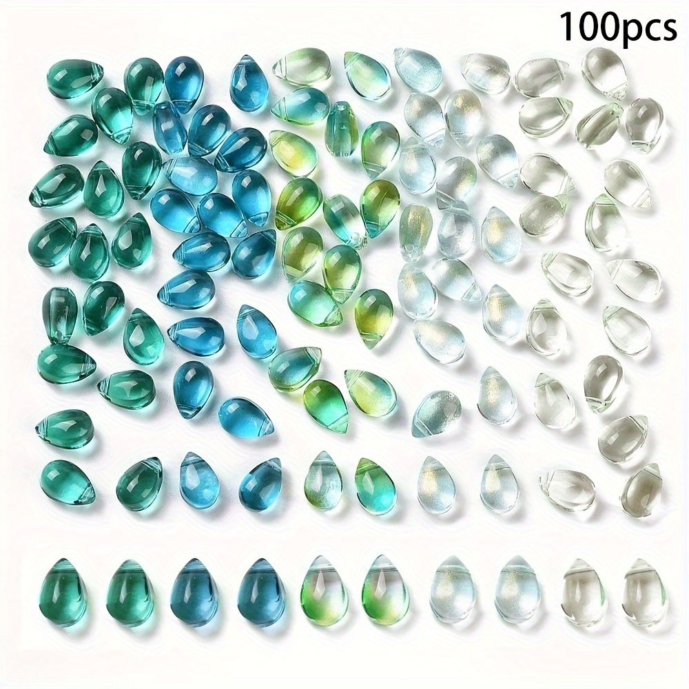 

100pcs Teardrop Glass Beads Assortment, Transparent With Glitter Powder, Green Tones, 9x6x5mm With 1mm Hole For Jewelry Making