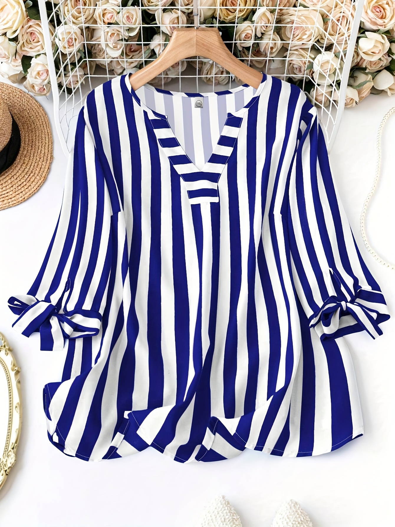 Women'S Sleeveless Striped Blouse with Ruffle Detail - Light Blue and White, V-Neck, Knotted Design, Perfect for Spring/Summer, Casual Attire, Casual Attire|Striped Pattern|Knotted Detail