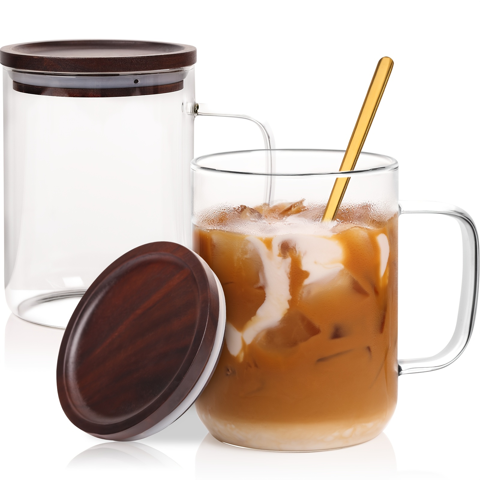 large glass coffee mug with lids 20oz coffee mugs clear coffee cups with walnut wood lids glass mugs with handles oversized coffee mug set of 2 with 2 spoons suitable for tea milk juice and coffee Product details 1