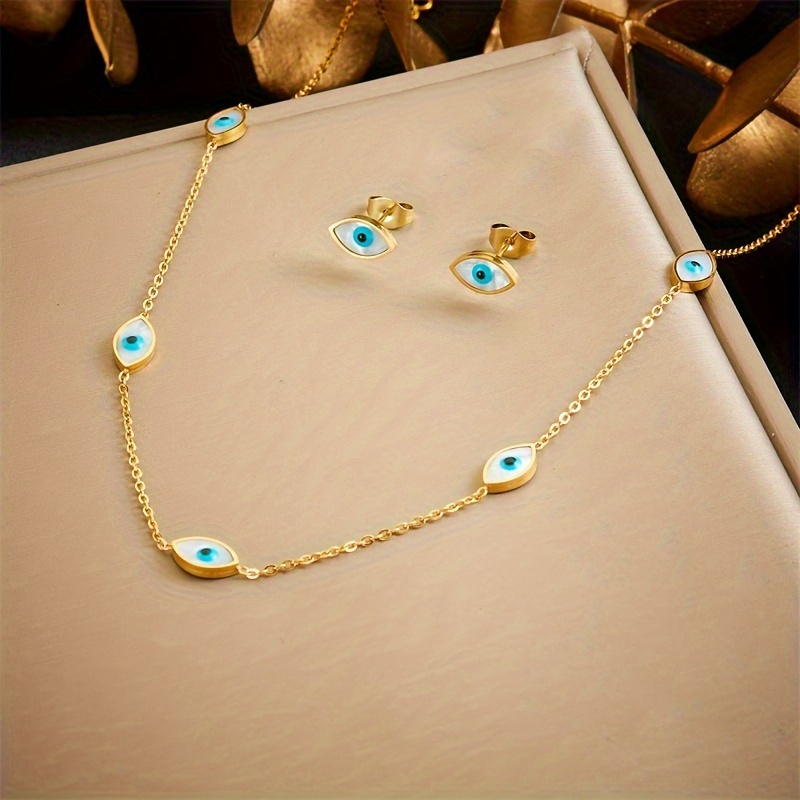 

Evil Eye Protection Jewelry Set For Women - Simple Style, Stainless Steel Necklace With Matching Earrings, Resin Mosaic, Fashionable For Daily & Party Occasions