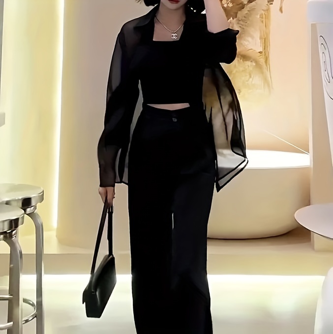 Chiffon Button Front Semi-sheer Blouse, Sexy Short Sleeve Top For Spring & Summer, Women's Clothing