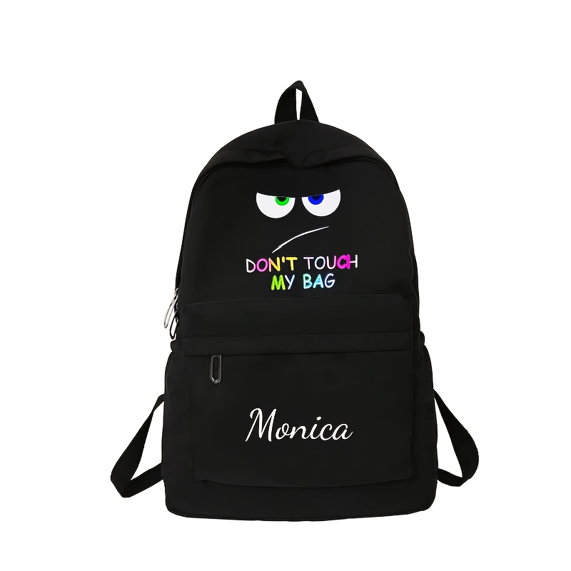 TEMU A Black Backpack That Customized With Names, Holiday Messages, Numbers, Texts.it Has A Large Capacity And Is Foldable. It Has Eyes And 