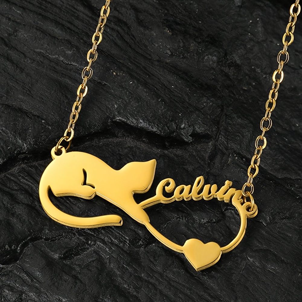 TEMU Customized Fashion Pendant Necklace For Women Cute Kitten Pendant Engraved Personalized English Name Suitable For Daily Wear, Celebrating