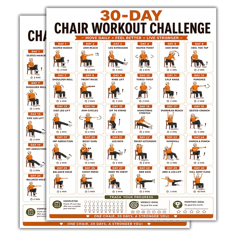 TEMU Lot de 2 affiches de d'entraînement sur chaise de 30 jours pour seniors, d'exercices , guide de routine de fitness à faible impact cadre 8x10