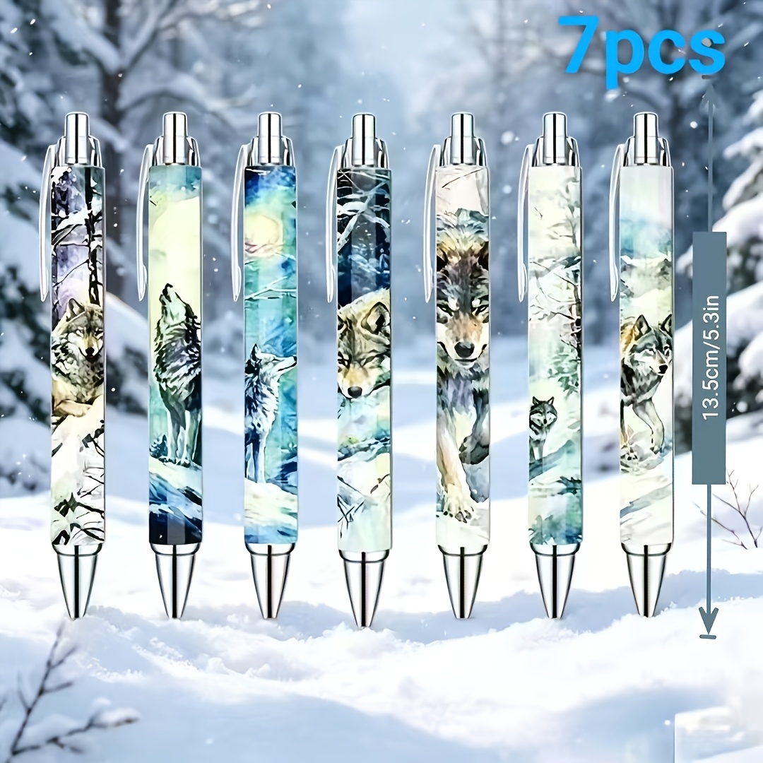 TEMU Lot de 7 stylos à bille à avec impression de loup dans un enneigé, illustration de de , stylos culturels et créatifs de grande valeur, stylos à
