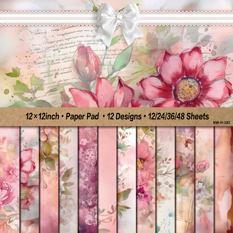 

12/ 24/ 36/ 48 Feuilles 12× 12'', Bloc pour Scrapbooking, à pour Artisanat, Cartonné pour Scrapbooking, Fournitures pour la Fabrication de Cartes de Fond Décoratif DIY - Fleurs Roses Aquarelle