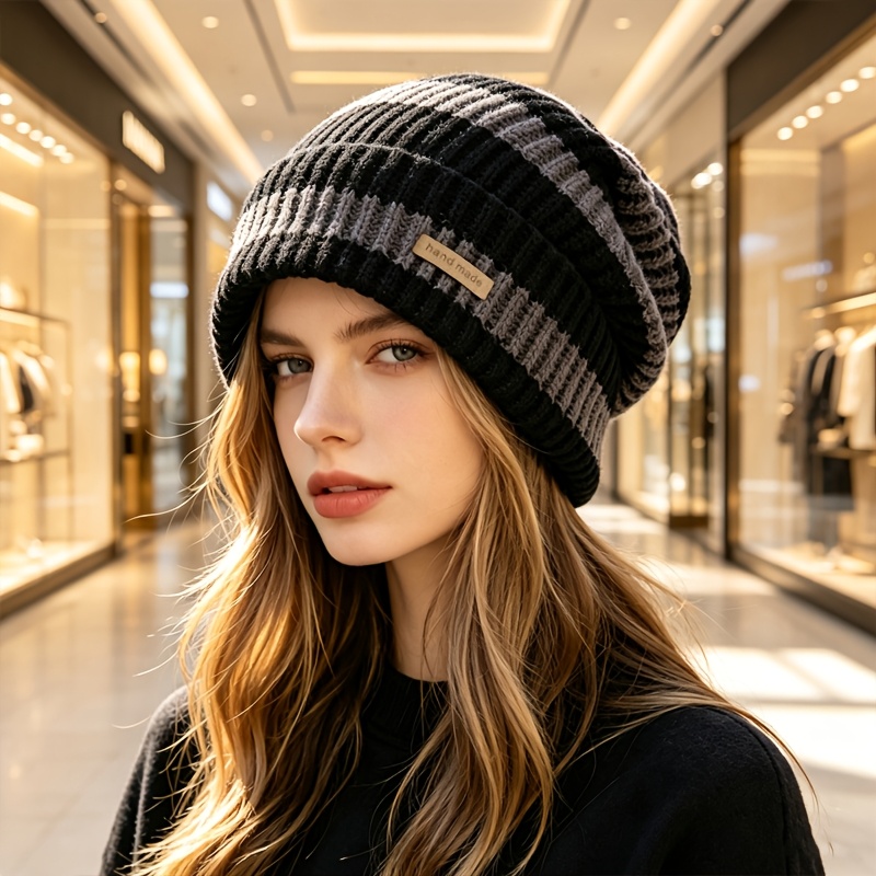 TEMU Women's & Unisex Winter Hat Suitable For Large Head - Soft Stretchy Warm Beanie With Black/beige Stripes, Lightweight For Christmas Parties, New