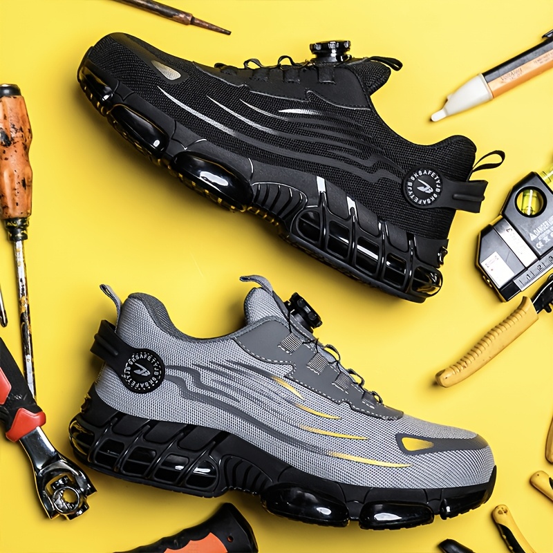 Chaussures de travail pour hommes à bouton rotatif, résistantes aux chocs, anti-perforation, durables et respirantes en mesh, pour toutes saisons