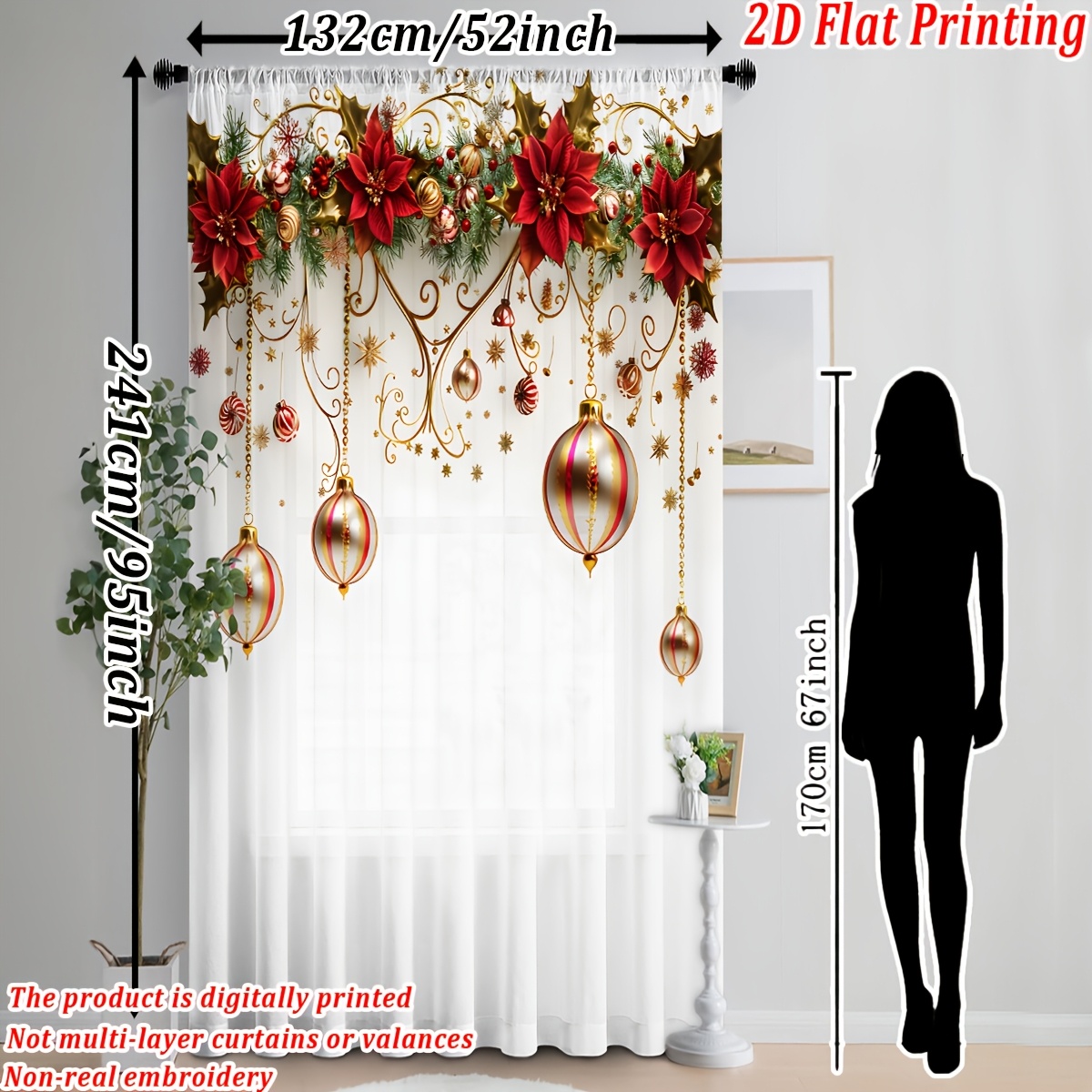 TEMU 2d Flat, [2d Flat Printing] Pack Of 1, Christmas Flat Printed Sheer Curtain With Transparent Tulle, Featuring Christmas Ornaments, Golden